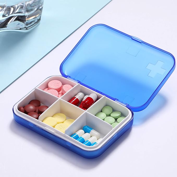 Portable Pill Organizer - Slim Pill Box for Purse or Travel, Compact Pill Case(6 Compartment,Blue)