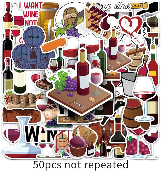 50pcs Red Wine Stickers,Cute Wine Label & Glass Pattern Decals, Waterproof & Durable for Notebook, Wine Bottle, Party Decoration