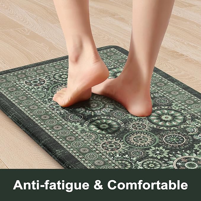 KIMODE Kitchen Mats for Floor Anti Fatigue, Farmhouse Green Kitchen Rugs Sets of 2, Cushioned Kitchen Floor Mats, Comfort Standing Mat for Sink, Laundry, Office, Desk 17"x59"+17"x29"