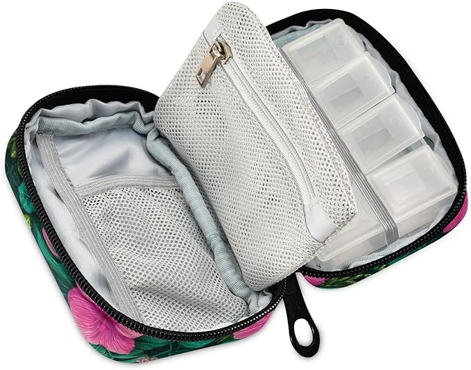Turtles Starfish and Monstera Leaves Travel Pill Organizer Case Box Container Weekly Portable Vitamin Medicine Holder Storage Bag with Zipper Removable