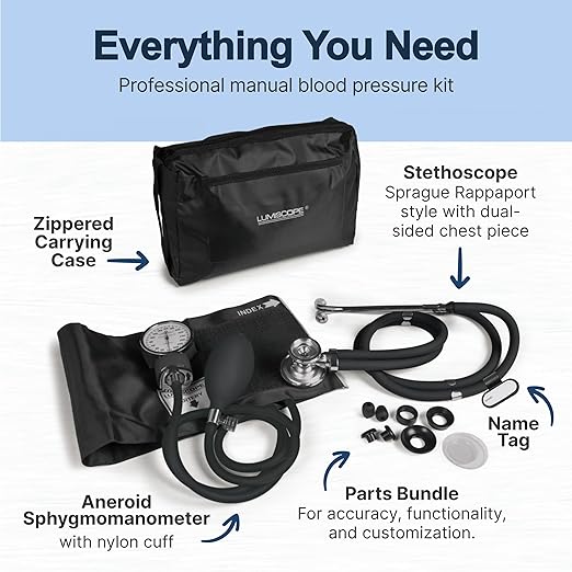 Lumiscope Professional Blood Pressure Kit - Stethoscope, Manual BP Cuff, Sphygmomanometer - Black