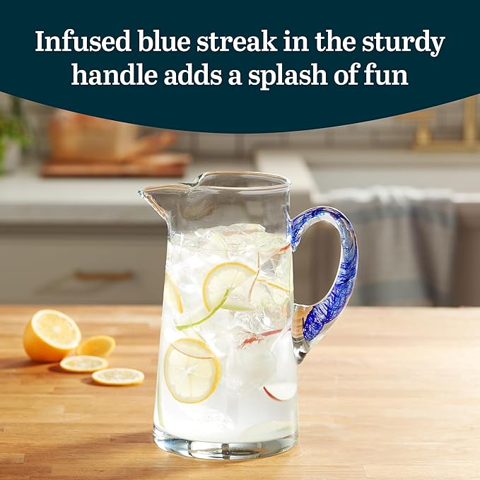 Libbey Cabos Large Glass Pitcher, 90 Oz Handcrafted Glass Water Pitcher with Spout and Blue Handle, Artisan-Inspired Water Carafe for Tables, Kitchen