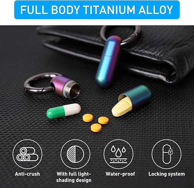 Micro Keychain Pill Holder Titanium Waterproof Mini Pill Container for Emergency Medicine，Travel Purse Pocket (Blue)