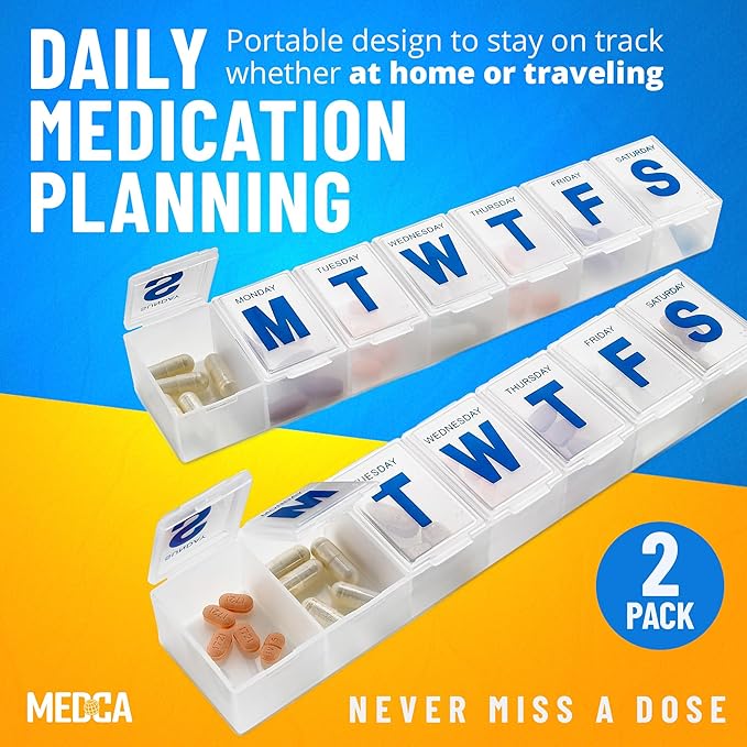 Weekly Pill Organizer - (Pack of 2) Extra Large Vitamin Container with Jumbo Easy to Read Letters, BPA Free - Daily Travel 7 Day Medication Pill Box Case