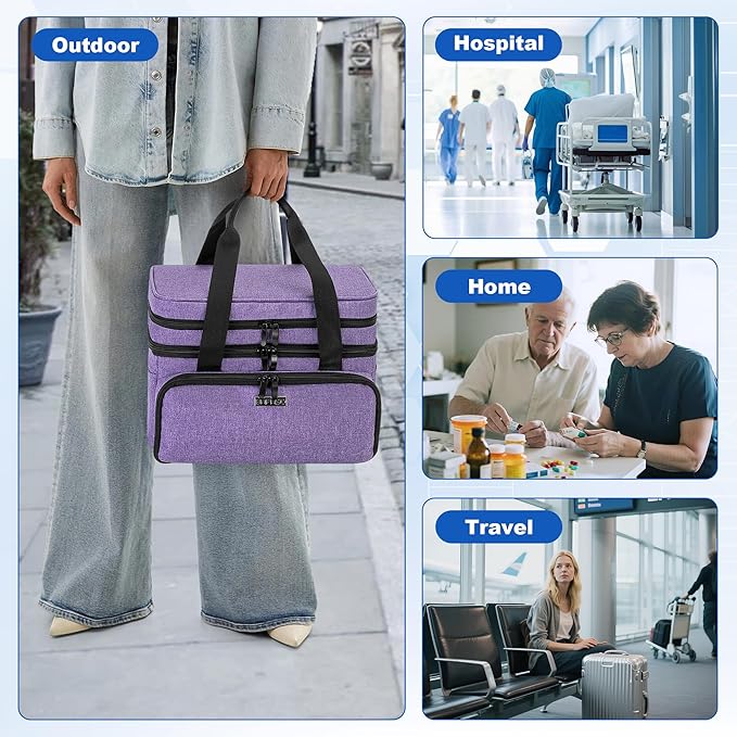 BAFASO Double Layer Medicine Bag with 2 Detachable Pouches, Pill Bottle Organizer for Travel and Daily Use (Bag ONLY), Purple