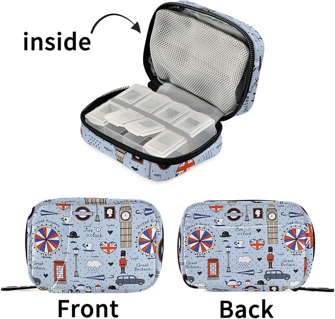 London Retro Print Pill Box 7 Day Pill Case Travel Pill Organizer Bag with Zipper Portable Weekly Vitamin Medicine Supplement Holder Pouch Bag