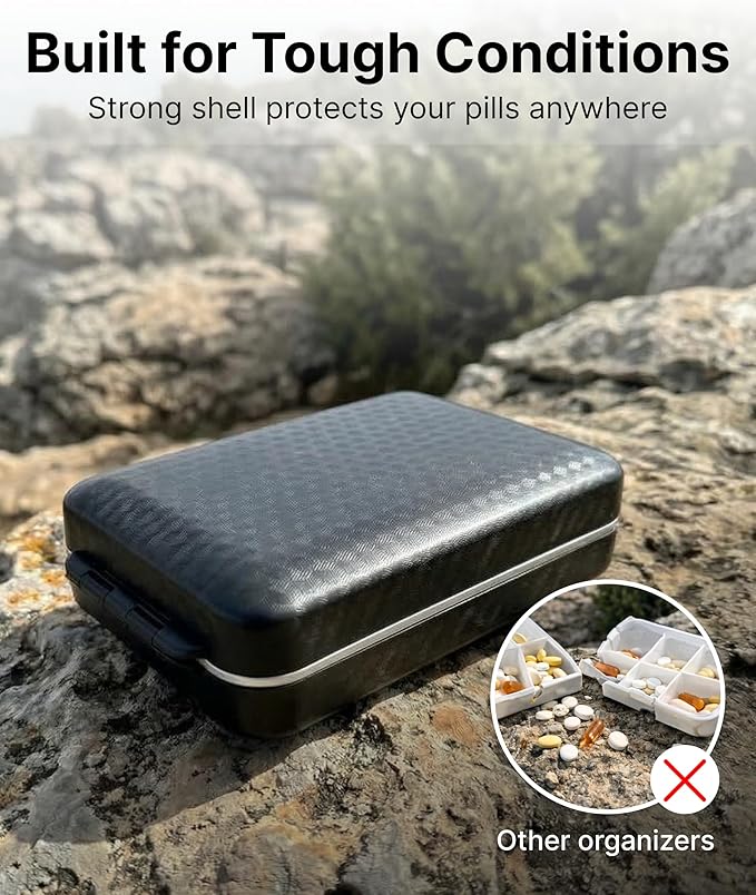 Travel Pill Organizer Box – Moisture Proof Case with Magnetic Closure, Large 8-Compartment Holder for Pills, Vitamins and Supplements, Reliable Medicine Organizer for Daily Use at Home or on the Go
