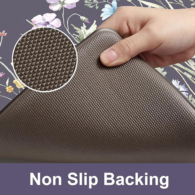 KIMODE Anti Fatigue Kitchen Mat for Floor, 17"x59"+17"x29" Floral Kitchen Rugs Sets of 2, Kitchen Floor Mats Non-Slip, Cushioned Standing Desk mat for Sink, Laundry, Office Dark Grey/Purple