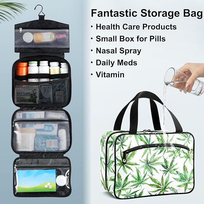 Fustylead Watercolor Green Marijuana Leaves Empty Travel First Aid Bag Large Home Medication Bag with Zipper for Pills,Vitamin,Fish Oil,Supplements for Women and Men