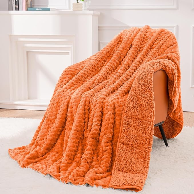 Super Fuzzy Soft Fleece Sherpa Weighted Blanket 20 lbs for Adults, 3D Imitation Turtle Shell Luxury Weighted Throw for Better Sleep, Dual Sided Cozy Heavy Blankets for Couch Bed, Orange, 60" x 80"