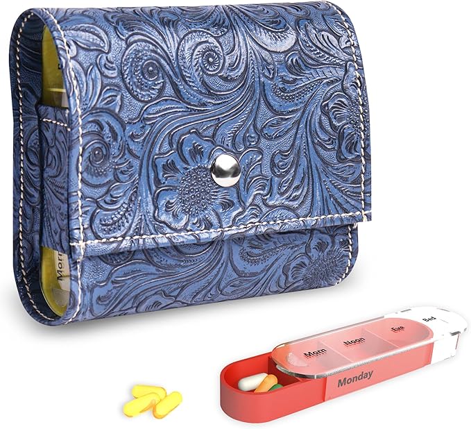 Pill Organizer,Haecsfl Weekly Travel Pill Case Box Medication Reminder Daily AM PM, Day Night 7 Compartments,for 4 Times A Day, 7 Days a Week-Includes Leather PU Carrying Case(1-Carved Blue)