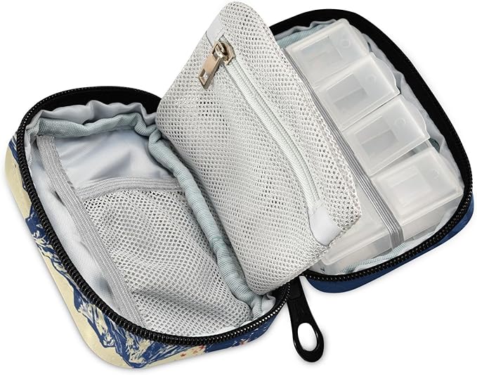 July 4th Flags Mountains Blue Travel Pill Organizer Case Box Container Weekly Portable Vitamin Medicine Holder Storage Bag with Zipper Removable