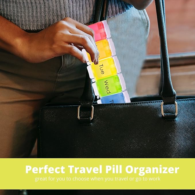 PERFORMORE 2 Pack of Portable Weekly 7-Day Pill Organizer, Travel Medicine Box, Rainbow Color, BPA Free with Easy Push Button Design Case Holder for Pills, Vitamin, Supplements and Medicine