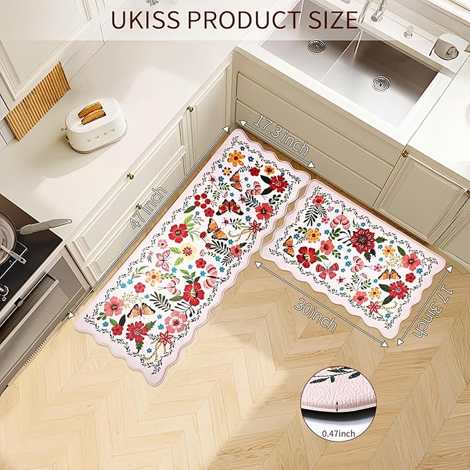 UKISS Kitchen Rugs, 2PCS Waterproof Kitchen Mats, Cushioned Anti Fatigue Kitchen Mat, Non-Slip Boho Comfort Mat for Kitchen, Floor Home, Sink, Laundry,17.3"x28"+17.3"x47", White &Pink (Pink)
