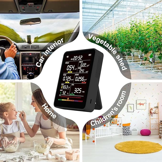Professional Indoor Air Quality Monitor with AQI Alerts, Portable Real-Time Detector for Home, Car, Plants & Pets (Black)