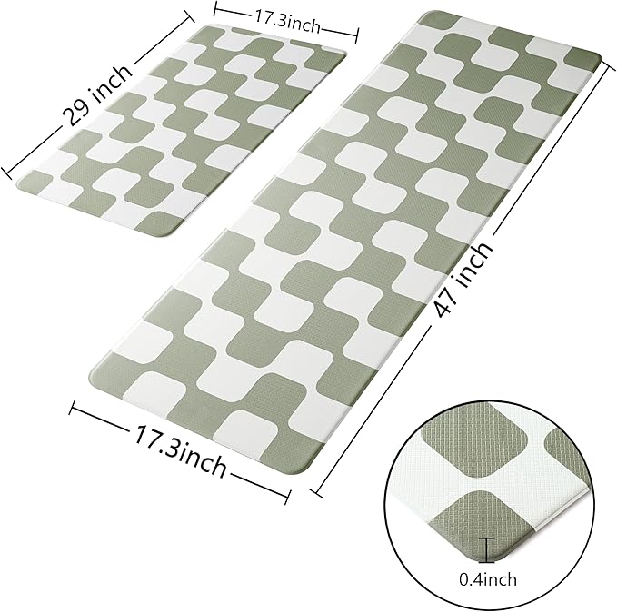 Sage Green Retro Curvy Checkered Grid Checkerboard Kitchen Rug Sets [2 PCs], Anti-Fatigue, Waterproof Non-Slip Kitchen Mats Heavy Duty Comfort Foam Rug for Floor, Home, Laundry,17"x29"+17"x47"