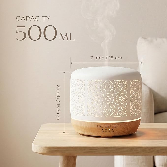 Earnest Living Essential Oil Diffuser White Ceramic Diffuser 500 ml Timers Night Lights and Auto Off Function Home Office Humidifier Aromatherapy Diffusers for Essential Oils