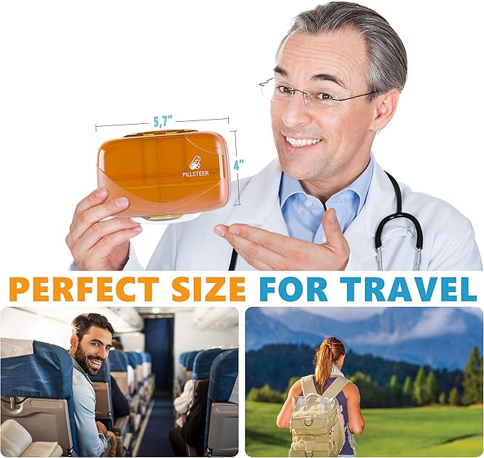 Travel Pill Organizer Medicine Dispenser - Moisture-Proof Pill Boxes and Organizer - Portable Vitamin Container Holder - 8 Large Compartments for Medication and Supplements