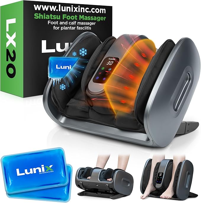 Lunix LX20 FSA Foot and Calf Massager for Plantar Fasciitis, Neuropathy Relief, Adjustable Leg Ankle Deep Kneading Shiatsu Therapy with Heat, Blood Circulation, Hot Cold Pockets Granite Gray