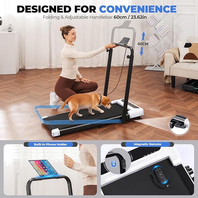 GORISE Walking Pad Treadmill with Adjustable Height Handle Bar, 3HP Quiet Foldable Under Desk Treadmill, Portable Treadmills for Home 350LBS with Remote Control LED Display
