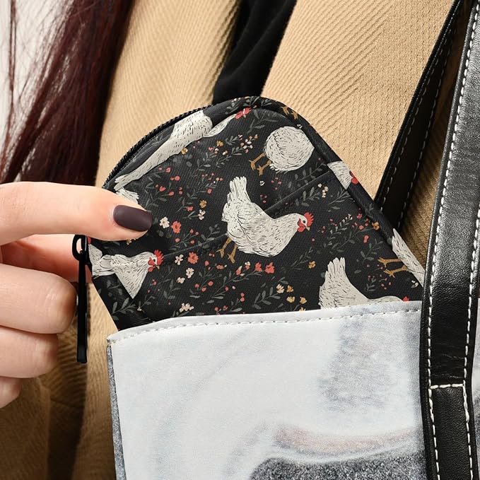 Fustylead White Farm Hen and Plants on Black Background Travel Pill Case Bag with Zipper Weekly Pill Box 8 Compartments 7 Day Personal Pill Case Purse Medicine Case Organizer