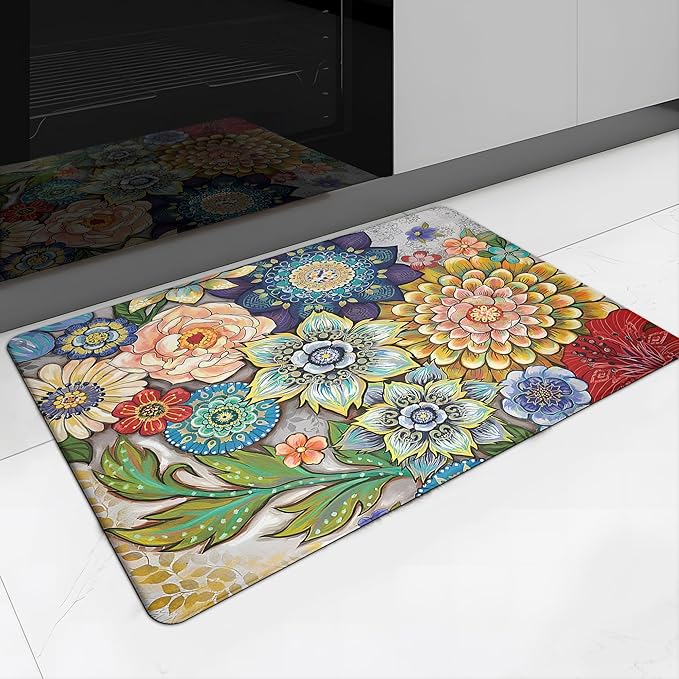 Floral Kitchen Rug Mat for Floor Boho Cushioned Anti-Fatigue Mat Non-Slip Standing Desk Waterproof Comfort Floor Mat for Sink, Office, Laundry, 17.3x28 Inch