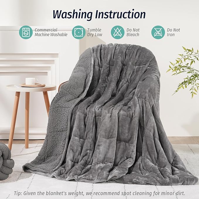 Wemore Sherpa Fleece Weighted Blanket for Adult, 15 lbs Dual Sided Cozy Fluffy Heavy Blanket, Ultra Fuzzy Throw Blanket with Soft Plush Flannel Top, 48 x 72 inches, Grey on Both Sides