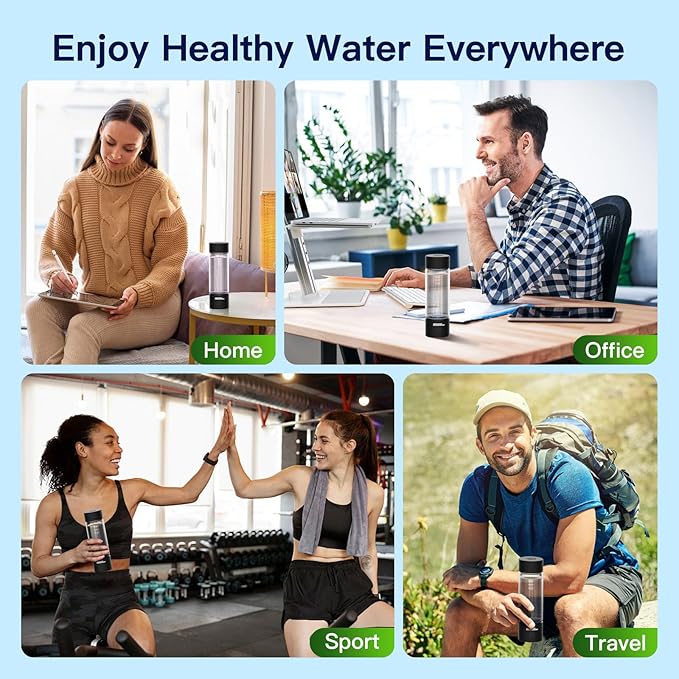 Hydrogen Water Bottle Generator, 2500ppb Portable Water Ionizer Machine with SPE/PEM Technology in 3-Minute Electrolysis, Rechargeable Hydrogen Rich Glass Cup for Home Office Travel & Fitness, Black