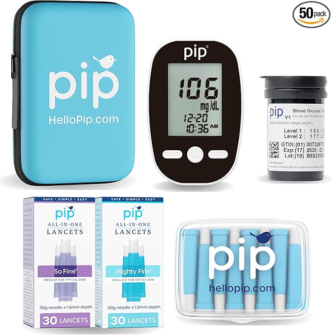 Pip Blood Glucose Monitor Kit with Preloaded Safety Lancets - Complete Diabetes Testing Kit for Blood Sugar Monitoring | No Lancing Device, Virtually Painless | 50 Test Strips, Lancets & Travel Case