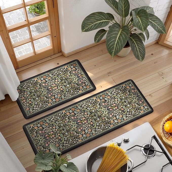 Collive Kitchen Mats for Floor 2PCS, Cushioned Anti Fatigue Mat Non Slip Waterproof Kitchens Sink Rug, Vintage Spring Floral Rugs Comfort Standing Mat for Laundry, Desk, Bar, Office, Black