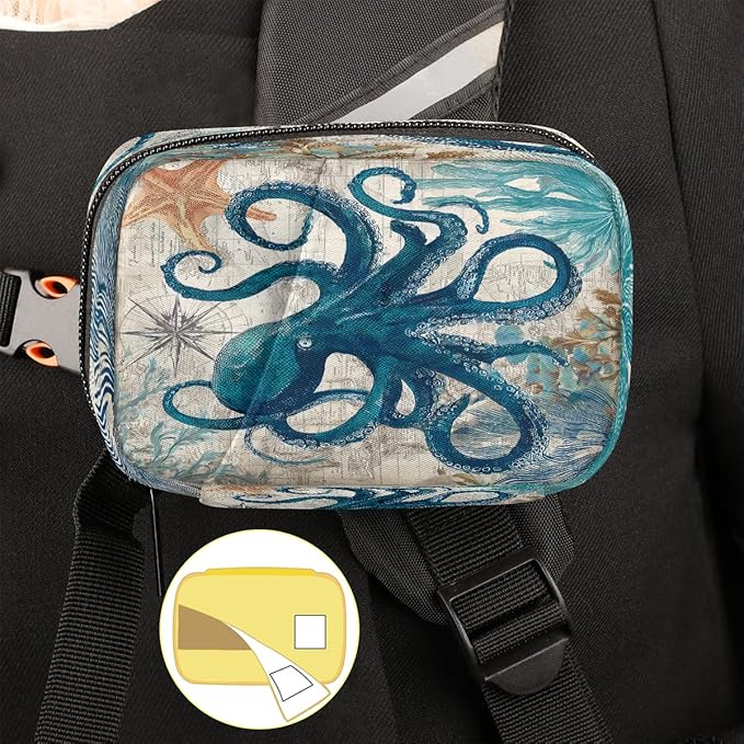 Weekly Travel Pill Organizer Case for Purse with Removable 7 Day Box Portable Compact Size Pill Box Fashionable Pill Container for Medicine Vitamin Supplement Vintage Sea Octopus