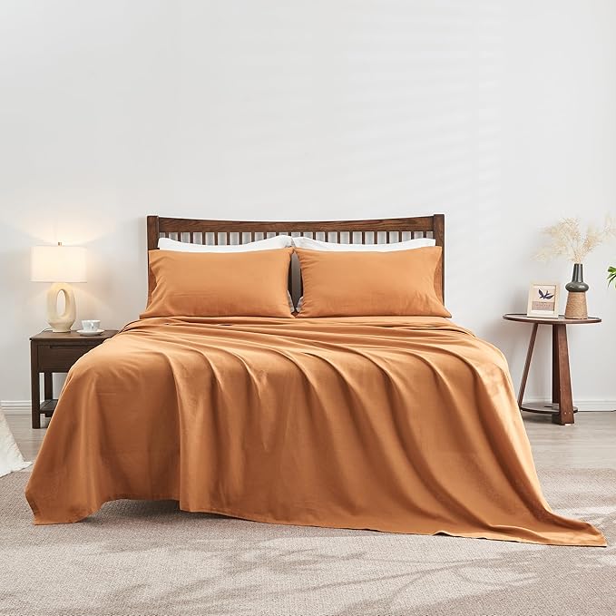 Simple&Opulence Belgian Linen Sheet Set Solid Color - 4 Pieces (1 Flat Sheet, 1 Fitted Sheet & 2 Pillowcases) Natural Flax Cotton Blend Soft Breathable Farmhouse Bedding - King Size, Rust