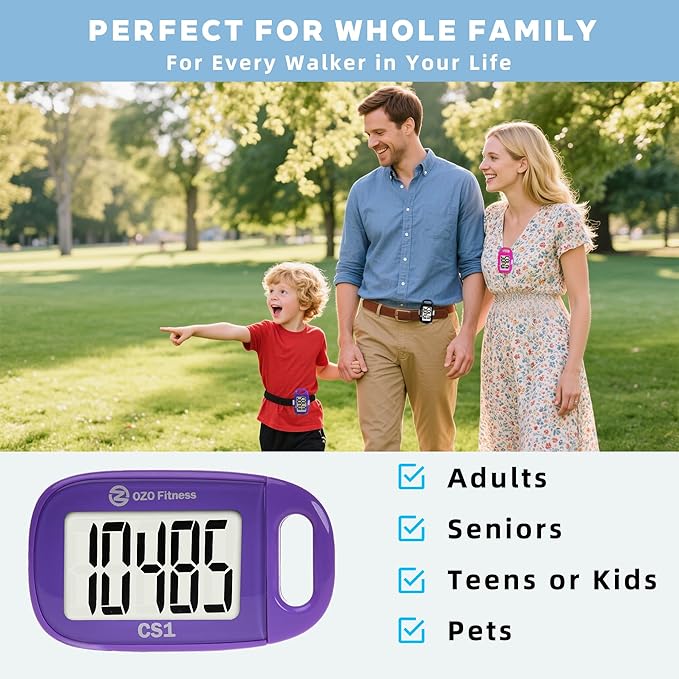OZO Fitness Clip-on 3D Pedometer for Walking Steps Counter with Lanyard, Simple Exercise Tracker for Women and Seniors with Large Accurate Digital Display, Portable Minimalist Sports Monitor