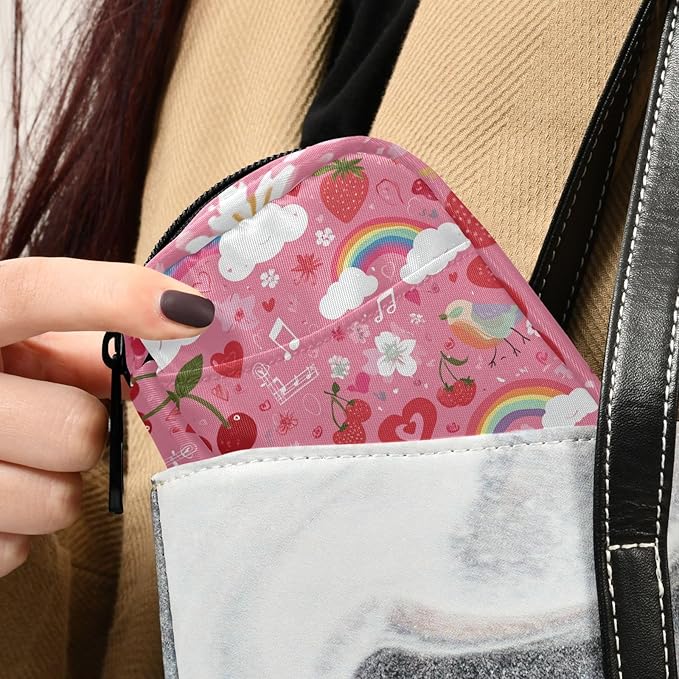 Pink Rainbow Cherry Bird Music Note Travel Pill Organizer Case Box Container Weekly Portable Vitamin Medicine Holder Storage Bag with Zipper Removable