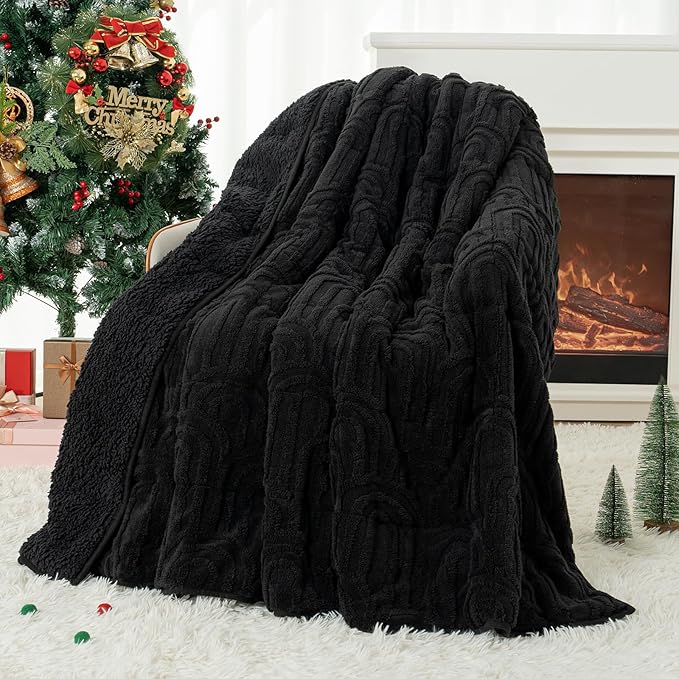 Cottonblue Jacquard Weighted Blanket for Adults 15 lbs Queen Size, Cozy Fluffy Sherpa Fleece Weighted Throw Blankets 60" x 80" for Sleep Relax, Fuzzy Warm Arch Heavy Blanket Soft for Bed Couch, Black