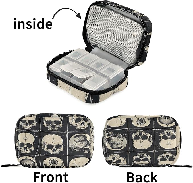 Skull Collection Travel Pill Case, Weekly Pill Boxes 7 Days Portable Pill Organizer Supplement Holder