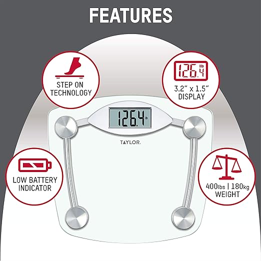 Taylor Digital Bathroom Scale, Body Weight Scale, Instant On and Off, 400 lb Capacity, Sturdy Clear Glass with Chrome-Finish Base