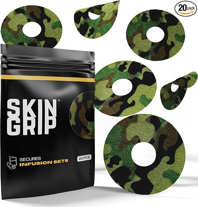 Skin Grip Universal Adhesive Patches for CGM and Insulin Pumps with Cutout (20-Pack), 0.8-Inch Hole, Waterproof & Sweatproof for 10-14 Days, Glucose Monitor Patch, Diabetic Sensor Cover, Camo