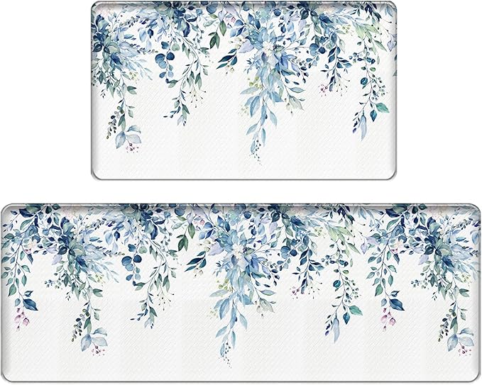 Bulijojo Blue Leaves Anti Fatigue Kitchen Floor Mats Set of 2 Waterproof Kitchen Sink Runner Rug Standing Mat Cushioned Kitchen Rugs Comfort Doormat 17"x47"+17" x30“