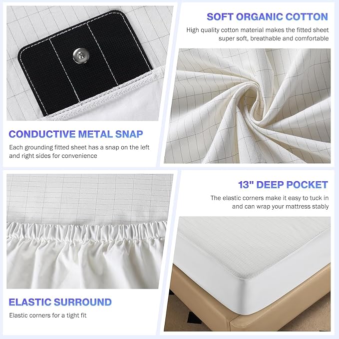 Grounding Sheets Queen Size, Grounded Fitted Bed Sheet 10% Pure Silver Fiber + 90% Organic Cotton Bed Grounding Kit with grounding Cord for Improved Sleep & Wellness (White,80"x60"x15")