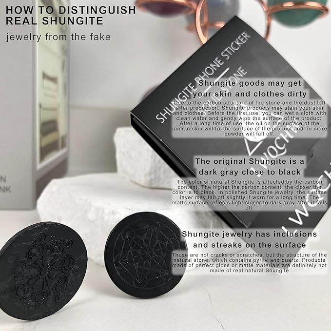 Gadget Protection Shungite Stickers for Cell Phone 2 pcs | Round Sticker Plates for Bad Vibes Blocking | Polished Shungite Stone Plates (Metatron & Cross Flower)