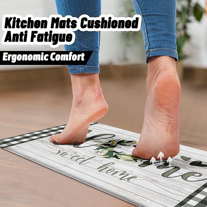 Qahing Farmhouse Kitchen Rugs Mats Sets of 2 Cushioned Anti Fatigue Kitchen Mats for Floor Spring Non Slip Memory Foam Kitchen Floor Mats Waterproof Comfort Standing Mats for Sink, 17.3"x28"+17.3"x47"