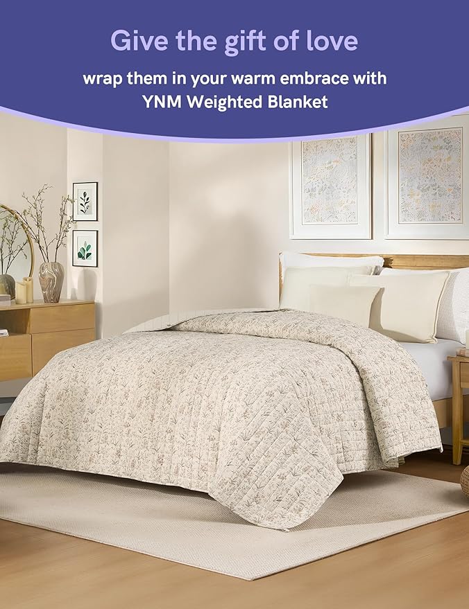 YnM King Size Linen Weighted Blanket for Adults (88x104 Inches, 50 Pounds, Botanical), Exclusive Smallest Compartments with Glass Beads, Extra Heavy Bed Blanket for Two Persons on Queen or King Bed