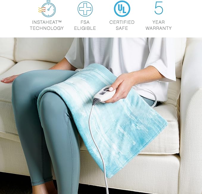 Pure Enrichment PureRelief Luxe Micromink Electric Heating Pad (12”x24”), 6 InstaHeat Settings, Ultra-Soft, Machine-Washable, Auto Shut-Off - for Temporary Pain Relief (Aqua Paint Designer Print)