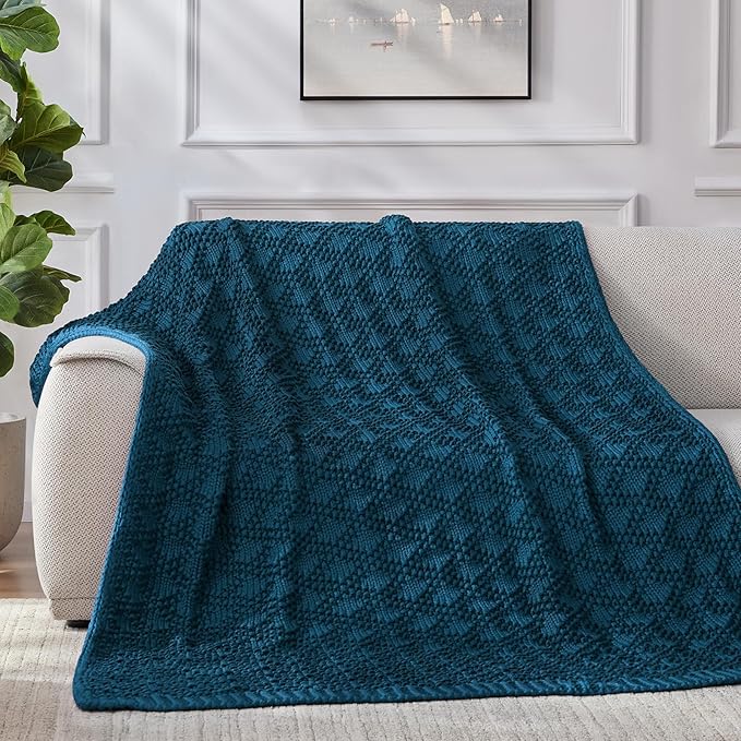 Knitted Weighted Blanket for Adult, Chunky Knit Weighted Throw for Sleep 50"*60" 7lbs, Cooling Breathable Heavy Blanket for Hot Sleepers, Machine Washable Blanket for Room Decor(Peacock)