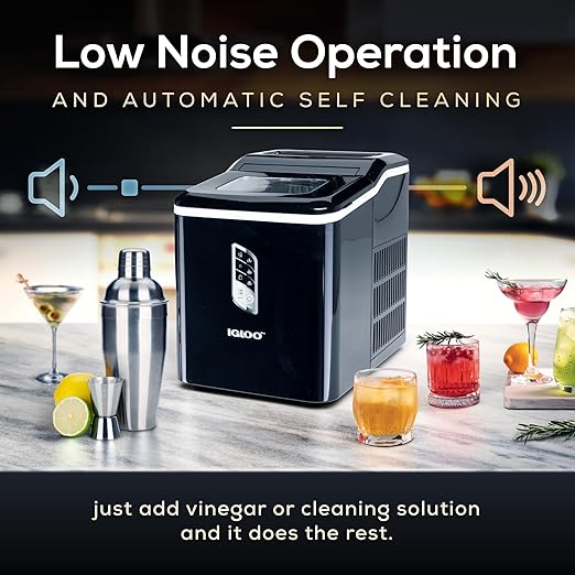 Igloo Handled Portable Ice Maker with Scoop - Ice Maker with LED Control Panel & 1 Quart Water Tank - Ice Cube Maker Produces 26 Lbs. of Ice in 24 Hours with 9 Large or Small Cubes In 7 Minutes- Black