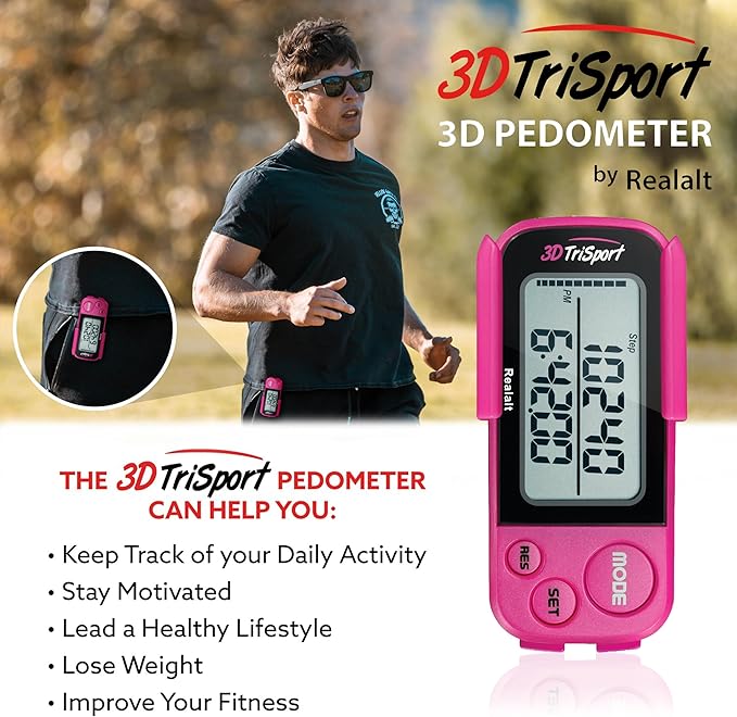 Realalt 3DTriSport 3D Walking Pedometer with Clip & Strap, Accurate Step Counter with 30-Day Memory, Distance in Miles/KM with Large Display Perfect for Seniors & Beginners, eBook Included