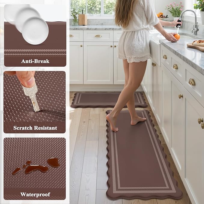 KIMODE Anti Fatigue Kitchen Mats for Floor, Farmhouse Scalloped Rugs for Kitchen Floor, Boho Kitchen Rugs Non Slip, Cushioned Standing Mats for Laundry Office Sink Desk Brown 17"x47"+17"x29"