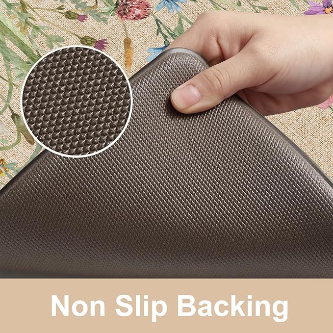 KIMODE Anti Fatigue Kitchen Mat, 17"x47"+17"x29" Floral Kitchen Rugs Sets of 2, Farmhouse Kitchen Floor Mats Non-Slip Cushioned, Comfort Standing Desk Mat for Sink, Laundry,Home Brown