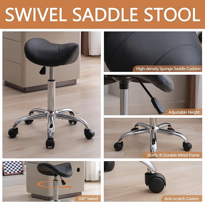 Saddle Stool, Swivel Saddle Stools with Wheels, Adjustable Rolling Stool 18"-26", Faux Leather Rolling Saddle Stool for Salon, Massage, Clinic, Lab, Office (Black, 1PCS (18"-26"))